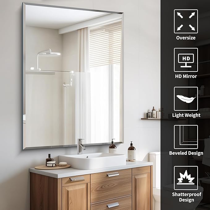 Beveled Bathroom Mirror, 36x48 Inch Large Bathroom Mirrors for Over Sink, Upgraded Shatterproof Beveled Frameless Vanity Mirror for Bathroom,Bedroom,Living Room and Entryway