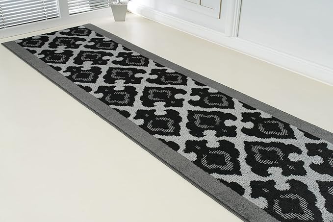 Custom Length Cut to Size Fleur de Lis Inspired Carpet Runner Rug for Hallways, Non Slip Rubber Backed, 31 inch Wide X Customized Length, Royal Grey, 31 inch X 15 feet