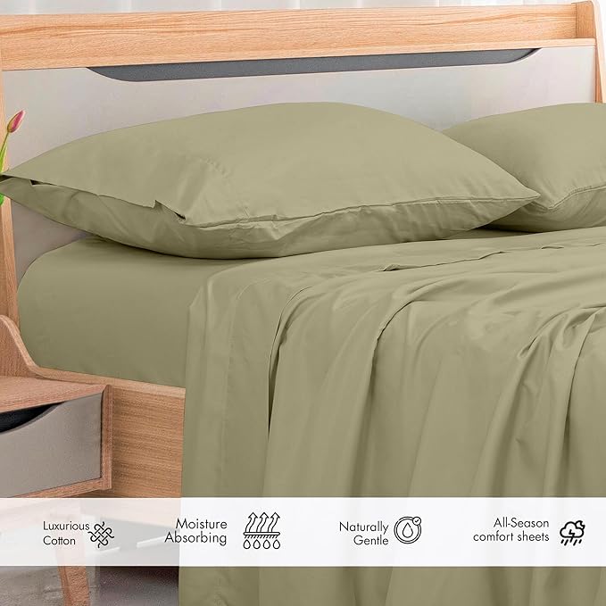 Royale Linens 300 Thread Count 100% Long Staple Combed Cotton Flat Sheet - Super Soft - Top Sheets - Twin Flat Sheet Sold Separately - Breathable, Cool & Crisp Percale Sheets Only (Twin, Sage Green)