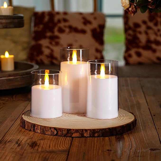 Homemory Realistic Flickering Battery Operated Candles, LED Fake Electric Candle with Remote Control and Timer, Flameless Candles for Home, Christmas Decoration, White, Set of 3
