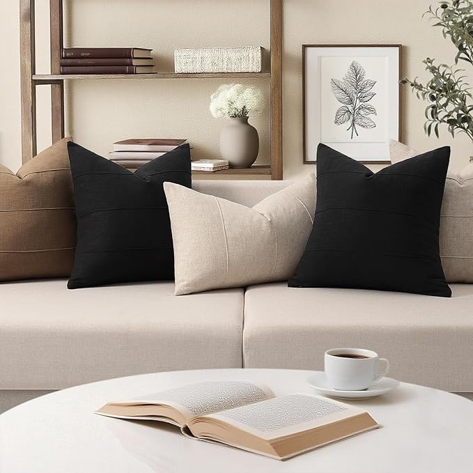 ZWJD Decorative Linen Throw Pillow Covers 24x24 Set of 2 Solid Handcrafted Striped Cushion Covers for Bed Soft Modern Farmhouse Neutral Pillowcase for Couch Bedroom Living Room Home Decor(Black)