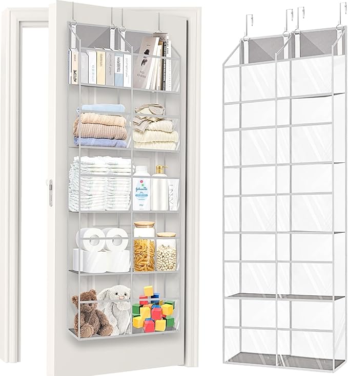 Over the Door Organizer 5 Tiers,Extra Large Behind Door Storage of 10 Compartments,50 lbs Weight Capacity Over the Door Storage, Clear Door Hanging Organizer for Closet, Diaper Organizer