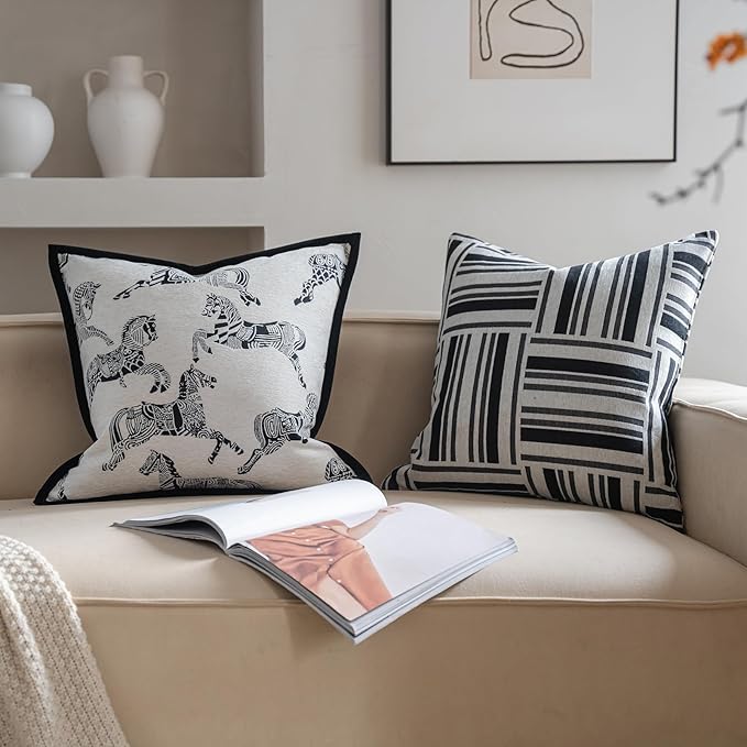 Premium Throw Pillow Covers 22x22 Inches - Black White Geometric Patchwork Chenille Jacquard Embroidery Decorative Couch Pillow Covers for Living Room Bedroom Sofa