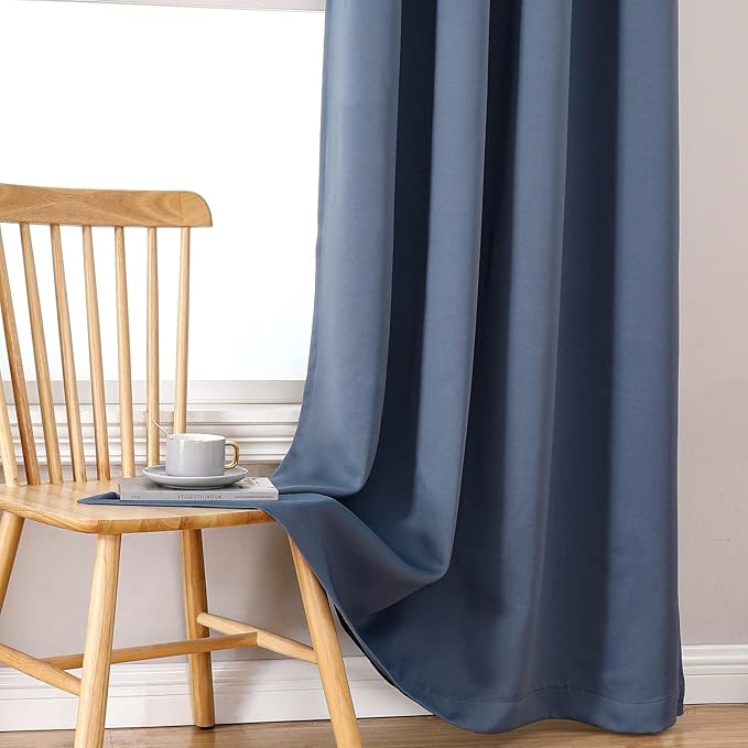 ChrisDowa 100% Blackout Curtains for Bedroom with Black Liner, 2 Thick Layers Total Blackout Thermal Insulated Grommet Window Curtains 2 Panels Set (Stone Blue, 52W x 45L)