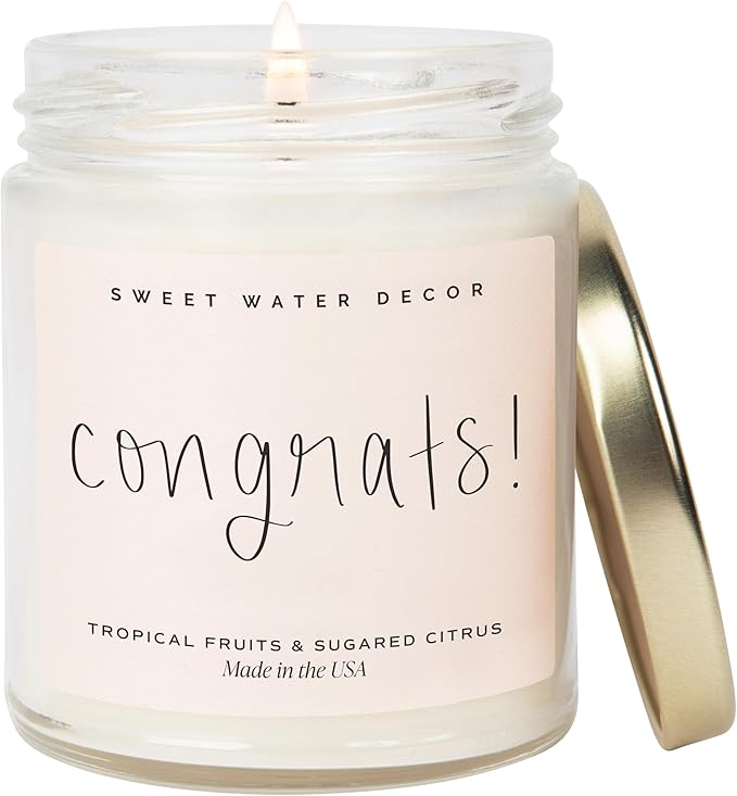 Sweet Water Decor, Congrats! Candle - New Job, Engagement, Graduation Gift - Tropical Fruits and Sugared Citrus Island Scented Soy Wax Candle - 9oz Clear Jar, 40 Hour Burn Time, Made in The USA