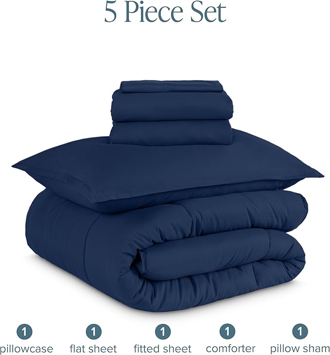 Bare Home Bed-in-A-Bag 5 Piece Comforter & Sheet Set - Twin XL - Goose Down Alternative - Ultra-Soft 1800 Premium Bedding Set (Twin XL, Dark Blue/Dark Blue)