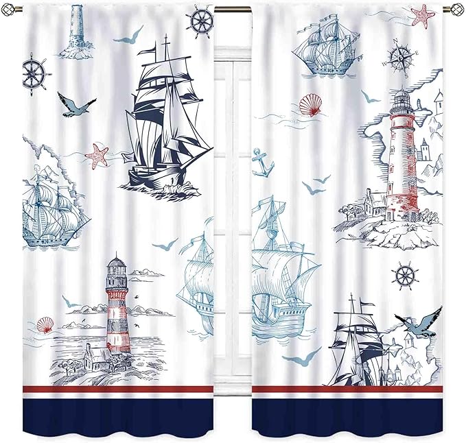 Nautical Curtains, Vintage Marine Coastal Sailboat Compass Anchor Ocean Beach Lighthouse Watercolor Blue Decorative Drapes for Bedroom Living Room Kitchen Bathroom Window 2 Panels, 42"x54" Inch