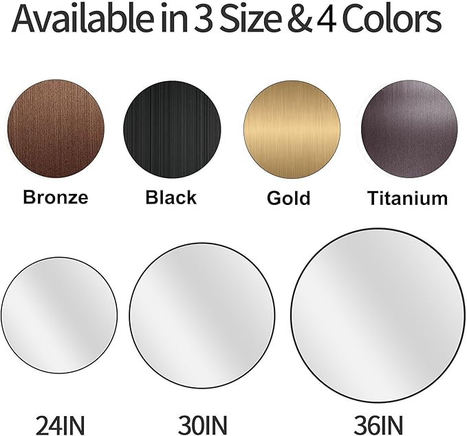 24 inch Round Titanium Mirror Wall Decor, Brushed Dark Grey Metal Framed Circle Mirror for Bathroom Vanity, Bedroom Decor, Living Room, Entryway