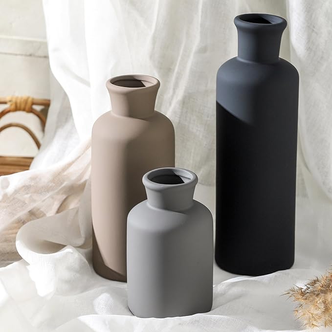 Ceramic Vase Set of 3, Neutral Vases Home Decor Rustic Farmhouse Decor Vase Terra Cotta Pottery Vases for Bouquet Pampas Grass Dried Fresh Flowers Living Room Kitchen Bedroom Bathroom - Multicolor