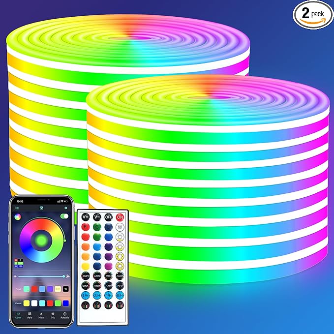 100ft LED Neon Lights 24V RGB LED Rope Lights with Remote Control APP Control IP65 Waterproof Flexible Neon LED Strip Lights for Bedroom Room Outdoors Decor (2 Rolls of 50ft)