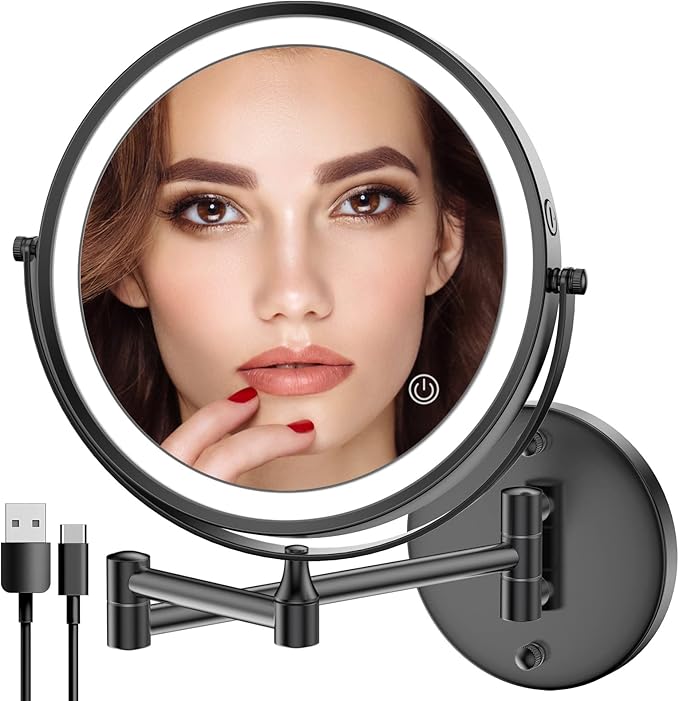 Rocollos Rechargeable Wall Mounted Lighted Makeup Mirror, 8 Inch Double-Sided LED Vanity Mirror 1X/10X Magnification,3 Color Lights Touch Screen Dimmable 360°Swivel 13 Inch Extendable