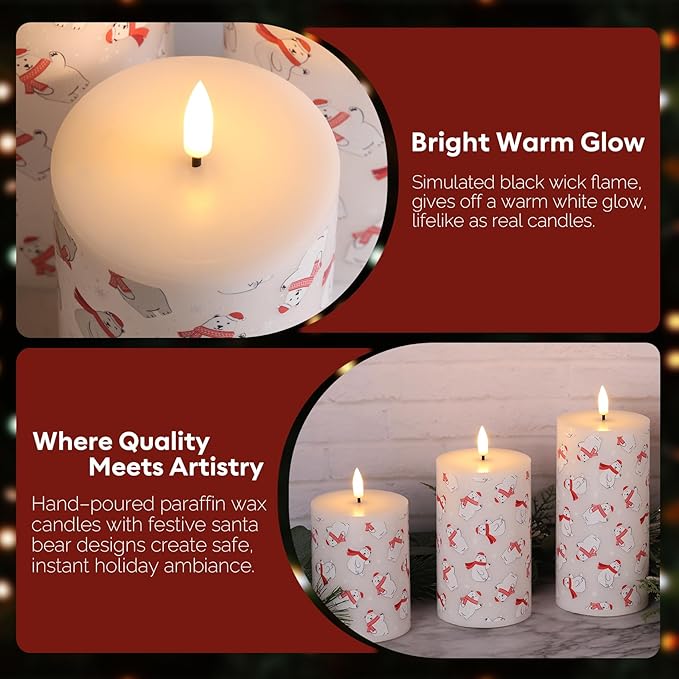 Eywamage Christmas Flameless Pillar Candles with Remote Timer, Battery Powered Bear Candles, Flickering LED Wax Candlles Set of 3