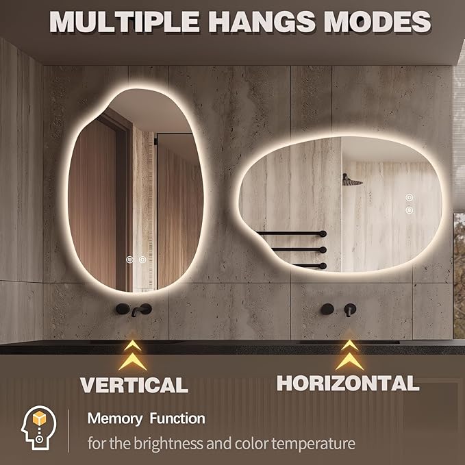 42"x28" Asymmetrical Led Mirror for Bathroom, Irregular Backlit Vanity Mirror with Lights, Frameless Smart Mirror, 3 Colors Stepless Dimmable, Anti-Fog, Memory, CRI95+, Horizontal/Vertical
