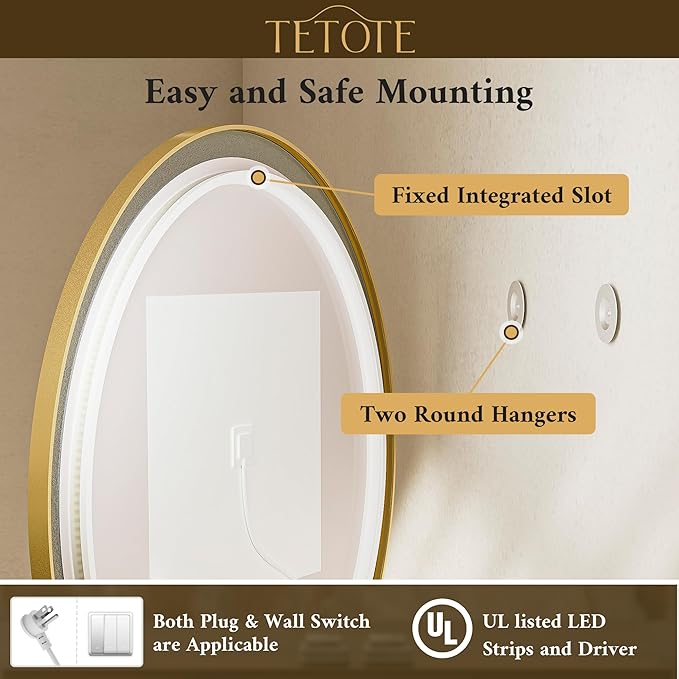 TETOTE Gold Led Round Mirror with Lights 36 Inch Metal Framed Round Circle Lighted Bathroom Vanity Mirror Wall Mounted, Front and Backlit 3 Color Stepless Dimmable Anti Fog, Shatterproof, CRI 90+