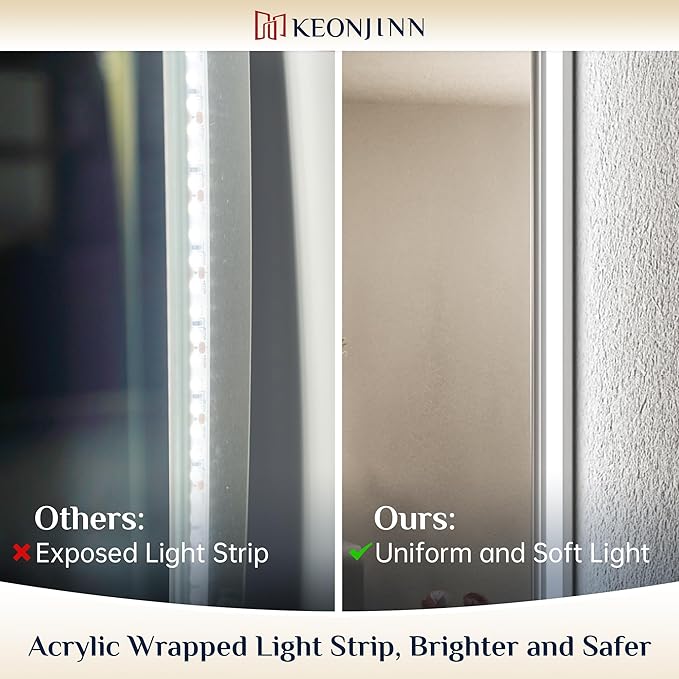 Keonjinn Backlit Mirror Bathroom 48” x 30”, Anti-Fog Mirror with Lights, CRI90+ HD Tempered Glass, Waterproof, UL Listed, Stepless Dimmable LED Mirrors for Bathroom, High Lumen, 6000K Bright