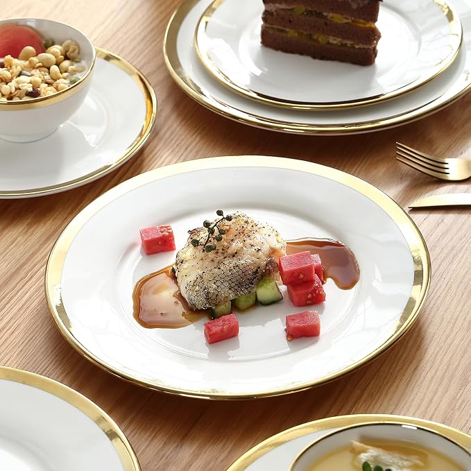 Luxury Dinner Plates, Set of 6, 10 inch, Elegant White Porcelain Plates with Gold Trim, Appetizer Plates, White Plate Set.
