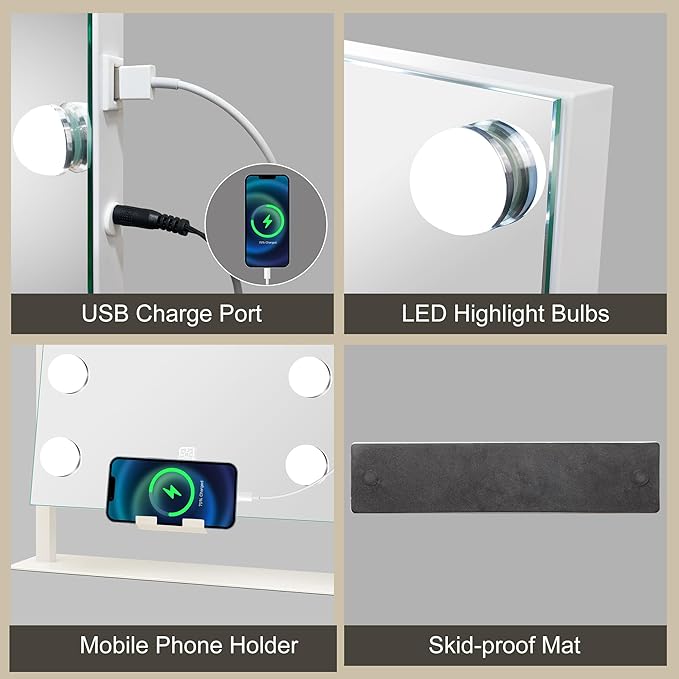 S'bagno Vanity Mirror with Lights, 12 Dimmable LED Bulbs, Detachable 10X Magnifying Mirror, Touch Control, USB Rechargeable, Tabletop Hollywood Lighted Makeup Mirror for Dressing Table,16''x12''