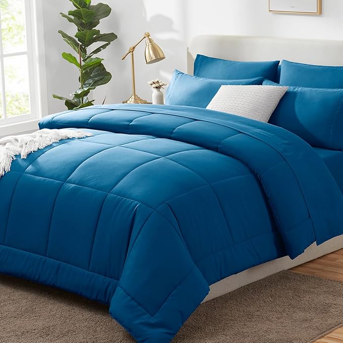 CozyLux King Size Comforter Set Teal, 7 Pieces Bed in a Bag, Teal Comforter King Size, All Season Bedding Sets with Stitch Quilted Comforter, Flat Sheet, Fitted Sheet, Pillowcases