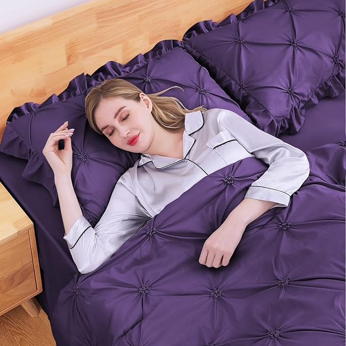 JOLLYVOGUE King Size Comforter Set 7 Pieces, Purple Bed in a Bag Comforter Set for Bedroom, Beddding Sets with Comforter, Sheets,Ruffled Shams & Pillowcases