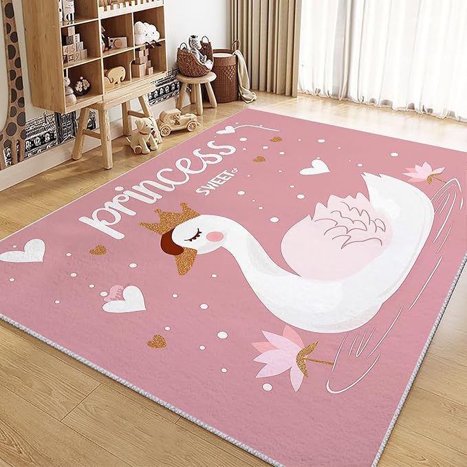 Area Rug for Living Room 7x8 ft Cartoon Swan Princess Peach Washable Low Pile Rugs Indoor Non Slip Floor Rugs, Ultra Soft Faux Wool Carpet for Bedroom Dining Room Kids Room