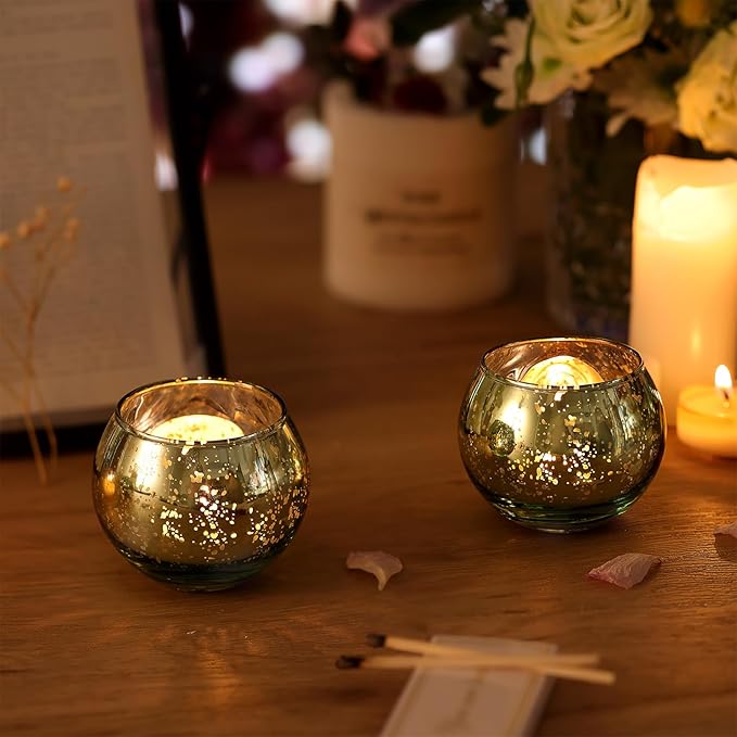 Volens Round Green Votive Candle Holders Set of 12, Green Wedding Centerpiece Table Decorations, Mercury Glass Tealight Candle Holder for Bridal Shower, Baby Shower & Home Decor