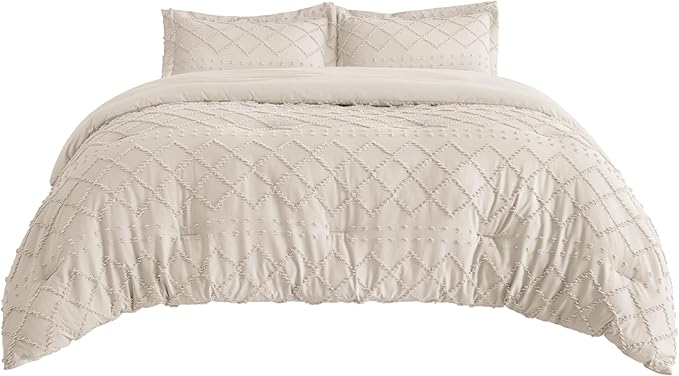 Bedsure Oversized King Comforter Set - Beige Comforter, Boho Tufted Shabby Chic Bedding, 3 Pieces Vintage Farmhouse Bed Set for All Seasons, Fluffy Soft Bedding with 2 Pillow Shams