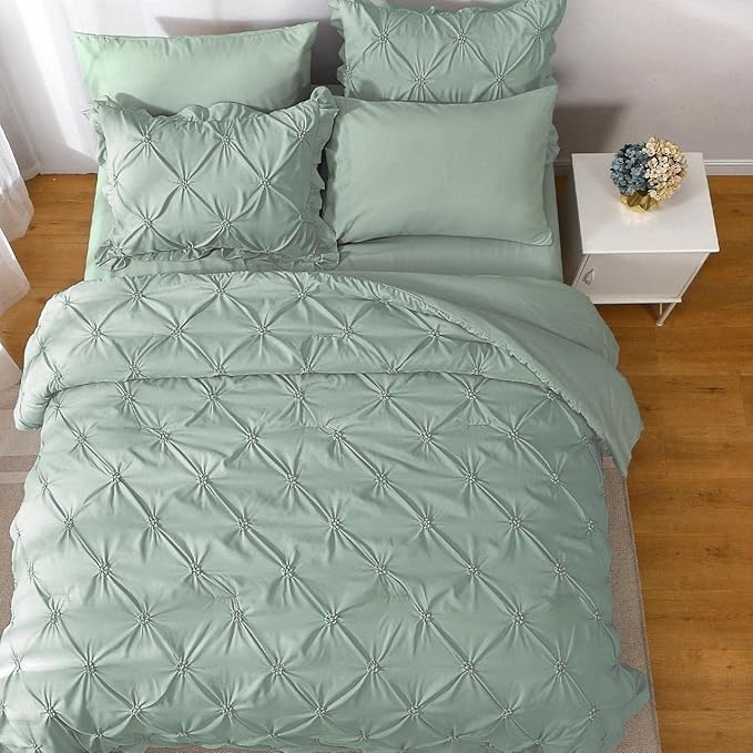 JOLLYVOGUE Green Full Size Comforter Sets 7 Pieces, Pintuck Bed in a Bag Comforter Set for Bedroom, Bedding Comforter Sets with Comforter, Sheets,Ruffled Shams & Pillowcases