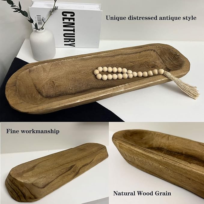 Wooden Dough Bowls Decorative，Rustic Bread Long Bowls Decor Wood Tray, Hand Carved For Table Centerpiece Decor, Home Decor (20 * 6 * 2 inch Brown)