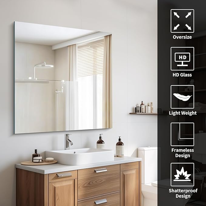 Frameless Mirror, 39x39 inch Square Bathroom Mirrors for Wall, Upgraded Shatterproof Vanity Mirror Over Sink with Polished Edge for Bathroom,Bedroom,Living Room and Entryway