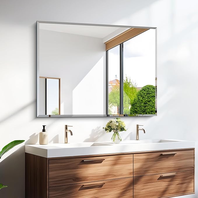 Beveled Bathroom Mirror, 30x40 Large Frameless Mirrors for Over Sink, Upgraded Shatterproof Beveled Frameless Vanity Mirror for Bathroom,Bedroom,Living Room and Entryway