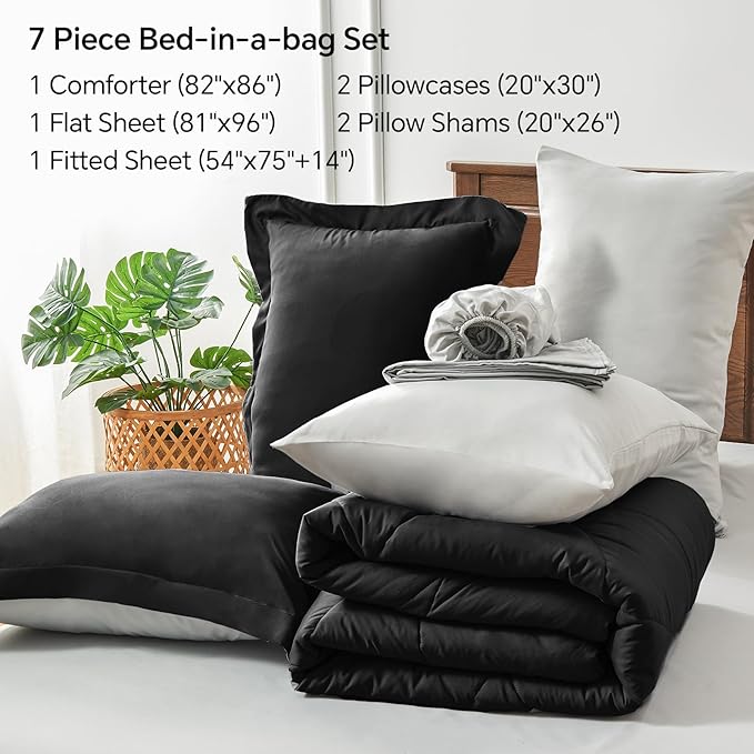 BEDELITE Full Comforter Set 7 Pieces Bed in A Bag - Soft Microfiber Reversible Black Bed Set with Comforters, Sheets, Pillowcases & Shams, Cozy Luxury Bedding Sets for All Season
