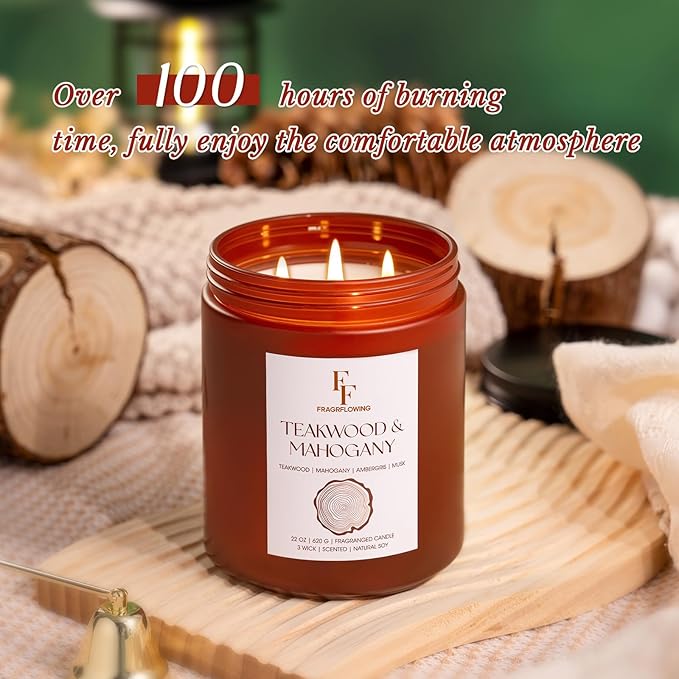 Teakwood & Mahogany Large Scented Candle, 3-Wick 22oz Long Lasting Scented Candle, Natural Soy Wax Aromatherapy Candle for Home, Autumn Candle Gifts for Women Men