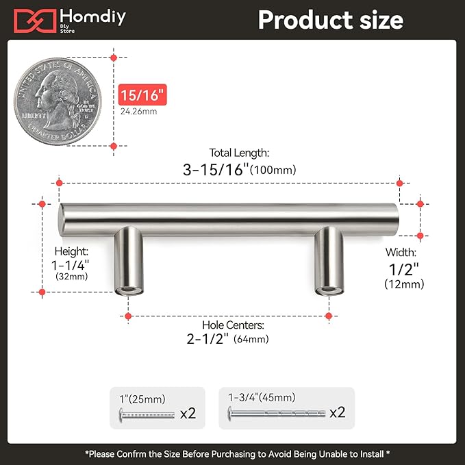 homdiy 10 Pack |Cabinet Handles Brushed Nickel Cabinet Pulls Cabinet Hardware 2-1/2in Hole Centers Drawer Pulls Kitchen Cupboard Euro T Bar Dresser Pulls 201SN