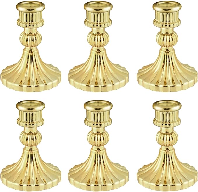 Glass Candlestick Holder,Striped Taper Candle Holders,Set of 6 Candle Stand for Table Centerpieces, Home Decor,Weddings,Festival and Parties (Gold Stripe)