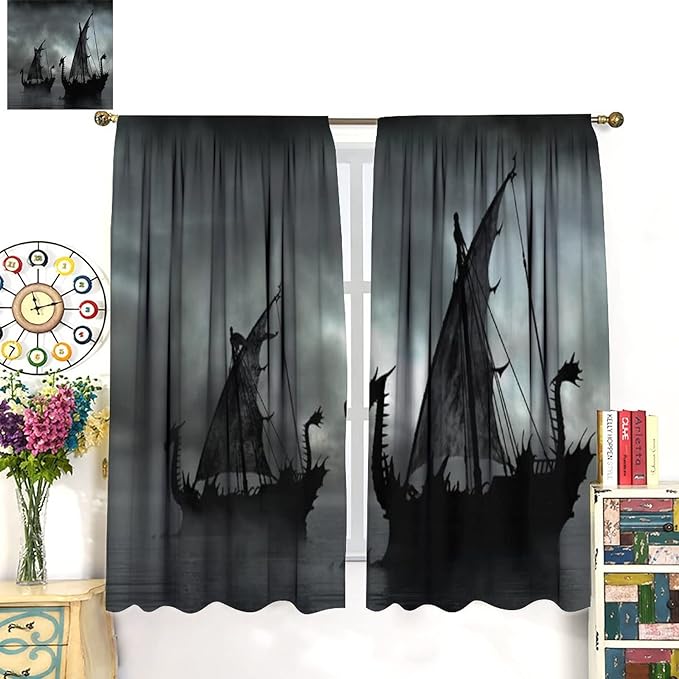 Viking Ship Blackout Curtains,Gloomy Misty Lake Landscape Fantasy Black White Color Sailing Dragon Boat Window Drapes for Boys Girls Bedroom Living Room,Norse Decor 52x84in