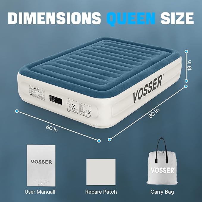 Queen Air Mattress with Built-in Pump,18''Fast & Easy Inflation/Deflation Inflatable Mattress, Foldable Blow Up Mattress with Storage Bag, Inflatable Bed for Home, Camping & Guests