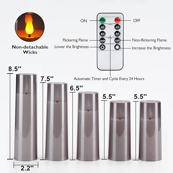 Amagic Grey Flameless Candles with Remote, Flickering Battery Operated Candles with Timer, Acrylic LED Fake Candle for Halloween Home Decor, 3D Wick, D2.2 xH5 5" 6" 7" 8", Set of 5