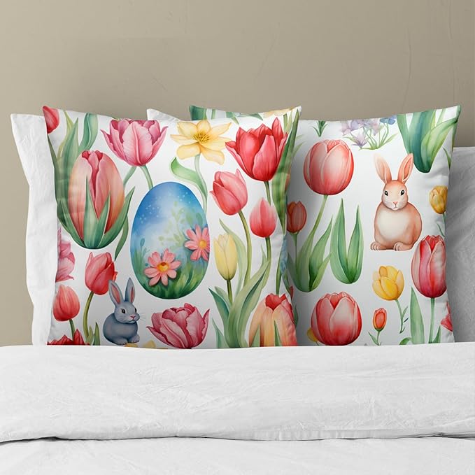Easter Day Throw Pillow Covers - Sping Bunny Pillow Covers 16x16 Inch Set of 2 Floral Rabbit Pillowcase Colored Tulip Flower Cushion Cover for Couch Sofa Garden Patio