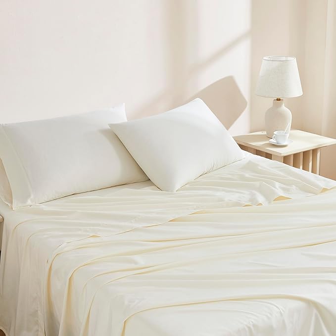 Linen Closet Organic 100% Cotton Twin XL Bed Sheet 3 Pcs Set– Fresh Ivory Crisp Percale, Deep Pocket up to 16” – Lightweight, Breathable & Naturally Cooling – Ideal for College Dorm, Soft & Comfy