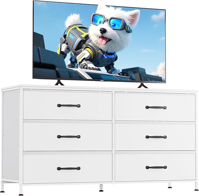WLIVE 6 Drawer Dresser for Bedroom Large, Fabric White Dresser TV Stand for 50, 55, 60 inch TV, Wide Long Chest of Drawers with Deep Drawer for Closet, Bedroom, Living Room, Hallway
