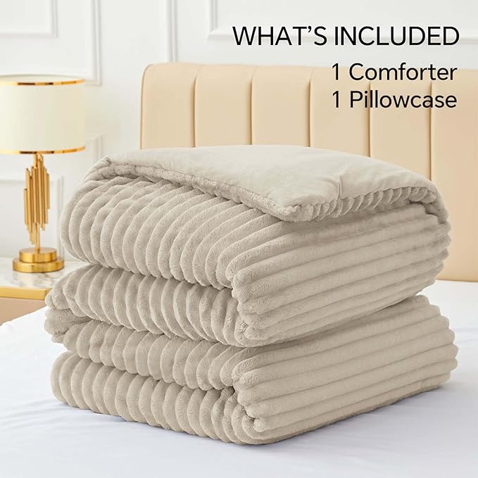BEDELITE Fleece Twin Comforter Set -Super Soft & Warm Fluffy Linen Bedding, Luxury Fuzzy Heavy Bed Set for Winter with 1 Pillow case