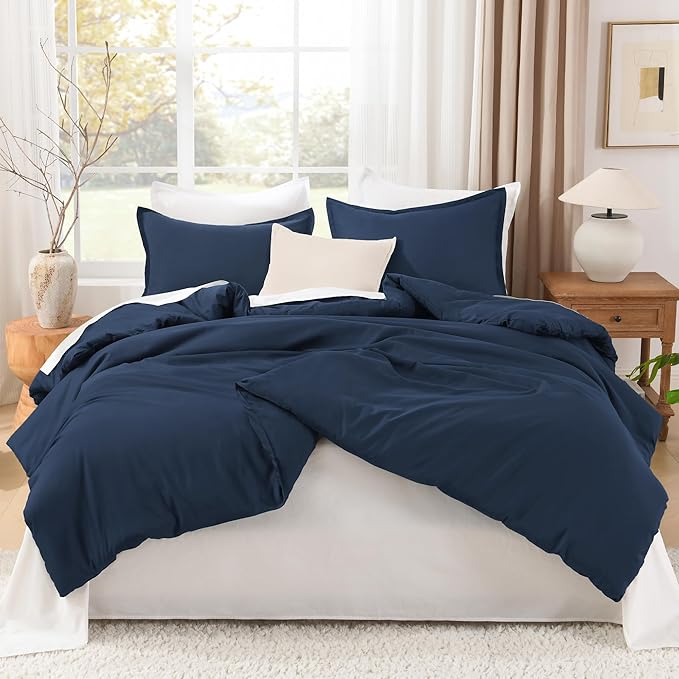 Litanika Navy Blue Oversized King Comforters Super King Size, 3 Pieces Lightweight Solid Bedding Comforter Set, All Season Fluffy Bed Set (120x120In Comforter & 2 Pillowcases)