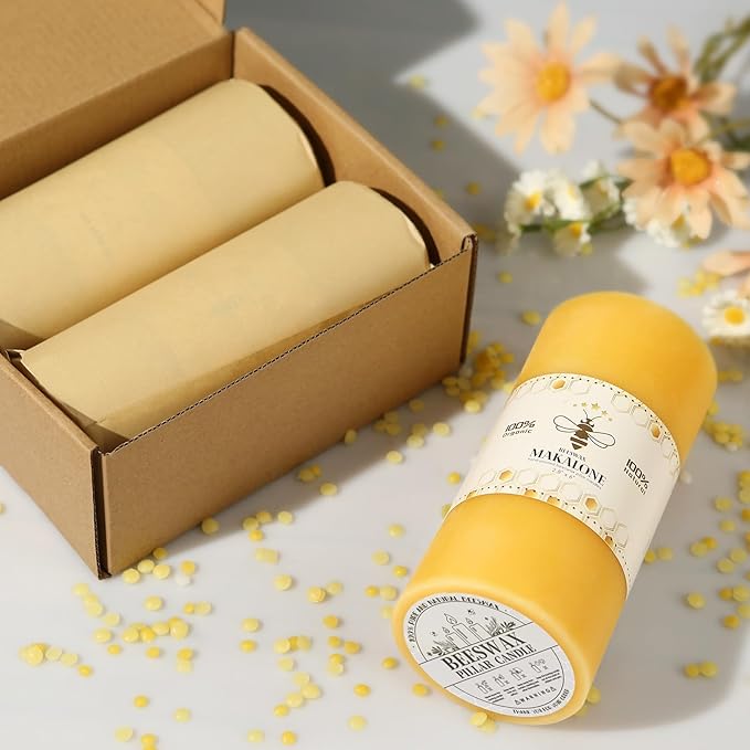 4 Pack Natural Beeswax Pillar Candles,100% Pure Beeswax Candles-380 Hours Long Burning,2.8x6in Unscented Bees Wax Candle for Home,Prayer,Emergency,Dripless Smokeless Organic Pillar Candle Bluk