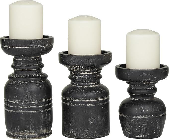 Deco 79 Wood Decorative Candle Holder Candle Stand, Set of 3 Candlestick Holder 9", 7", 6"H, Black
