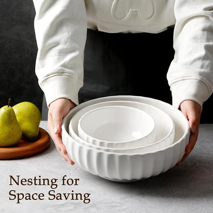 NUTRIUPS Serving Bowls, Nesting Bowls, 84/50/23oz Ceramic Salad Bowl for Cooking Baking, 10/8/6 in Microwavable & Oven Safe, Set of 3