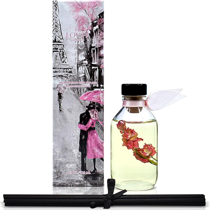 LOVSPA Reed Diffuser Set, Pink Tuberose Scented Oil Diffuser with Sticks, Home Fragrance Accessories for Bathroom Shelf Decor, Aroma Diffusers for Home or Office Desk, USA Made