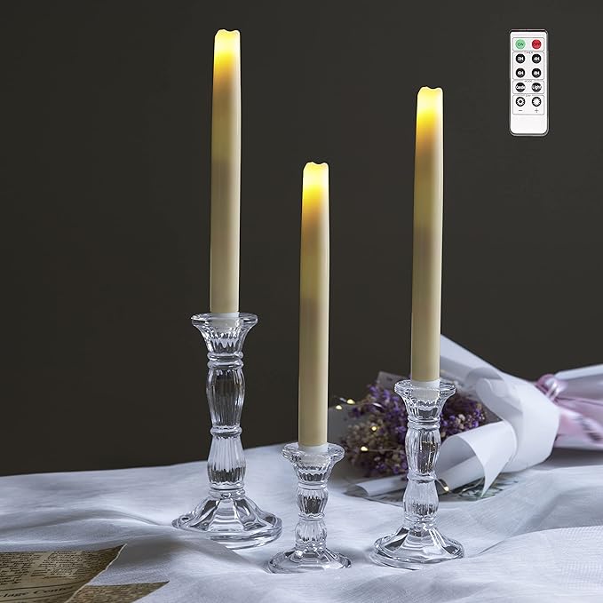 3Pack Glass Candle Stick Holders - Clear Crystal Taper Candles Holder– Table Centerpieces for Buring Candles, Led Taper Candle,Party and Wedding Decoration(4,6,8inches Tall)