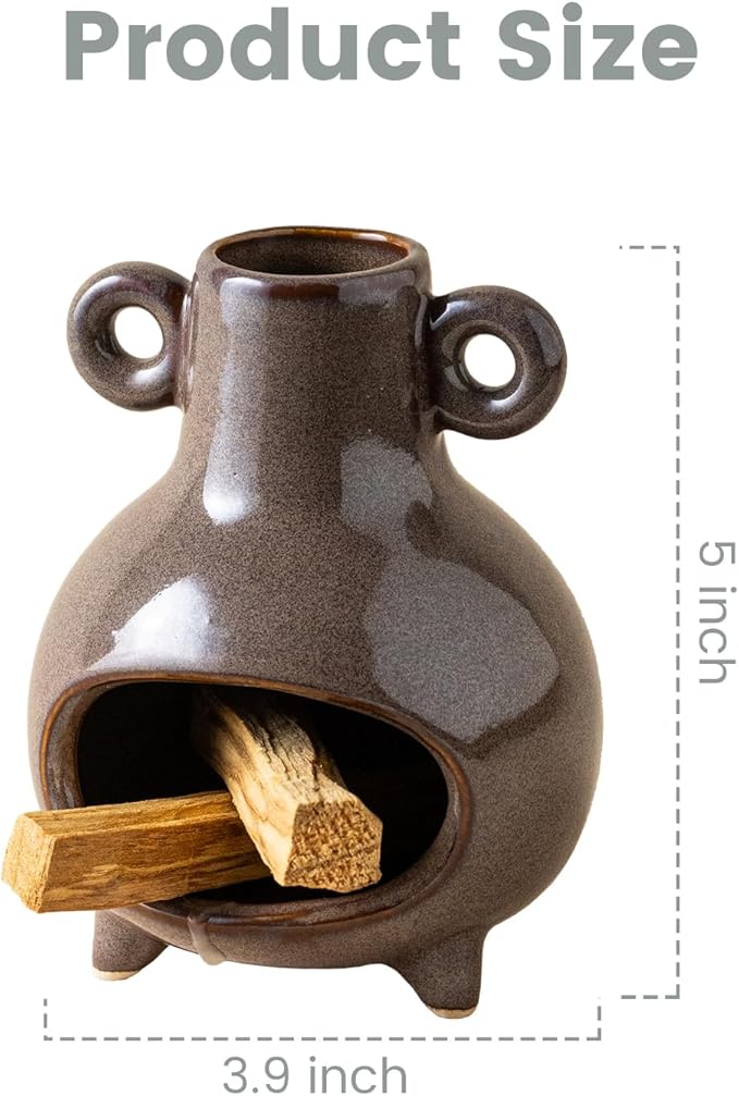 Ceramic Chiminea Palo Santo Holder, Modern Incense Holder Burner for Sticks Sage Bundles Cone Incense, Chimenea Incense Dish for Meditation Decor, Brown
