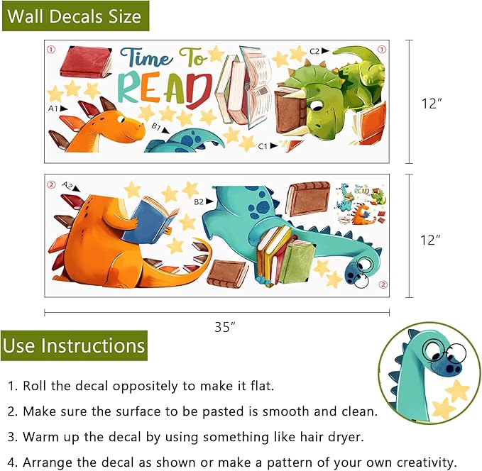 Yovkky Reading Dinosaur Wall Decals Stickers, Time to Read Dino Book Corner Baby Toddler Nursery Classroom Library Decor, Positive Quote Home Decorations Kids Bedroom Study Room Reading Nook Art