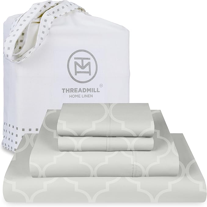 Threadmill 100% Cotton Sheets for King Size Bed | 4 Pc King Bed Sheets Set | Soft, Breathable Lightweight Damask Sateen for All-Season Use | Snug Fit Elastic Deep Pocket King Sheets | Light Grey